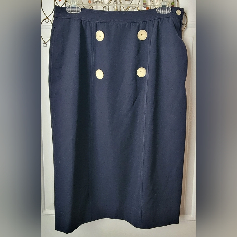 Vintg Valentino Miss V Tailored Pencil Skirt Womens US 6-8 Navy 100% Wool Nautic - Picture 7 of 13
